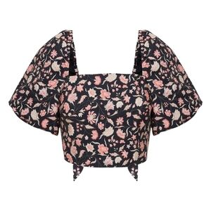 Aritzia Little Moon Floral Puff Sleeve Lucia Top - Black and Pink Sz L
